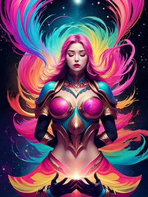 masterpiece, best quality, 1girl, closed eyes, upper body, hands behind back, splashing, abstract, psychedelic, neon,  (creative:1.3), fantasy, cosmic colorfull background