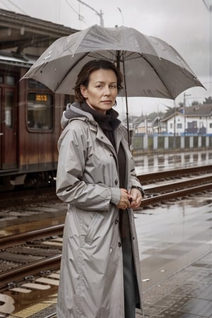 gray and white photo of a 45yo european lady with graying brown hair, wearing a  rain coat, at a rail way station, NoirStyle,