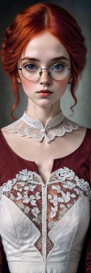 (8k, RAW photo, highest quality), beautiful woman, close up, white see thtough lace dress, (red hair, freckels, detailed eyes:1.1, wire round frame glasses), (looking at the camera:1.4), (highest quality), (best shadow), , intricate details, interior, dark studio, muted colors, ,Masterpiece,Enhanced Reality