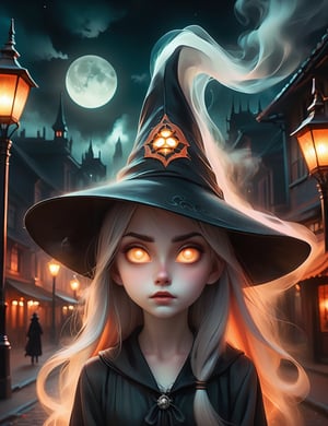 preteen girl side on head turned to face viewer, depicted as pale skinned cursed ghostly witch with a witches pointy hat at a ghostly fantasy cityscape, at night with city street gas lamps lighting the area in an orange glow, demonstration of magic, realism, dark pastel color palette of petrol triad shades, awesome detailed surface textures,ghost person,Land Of Boo