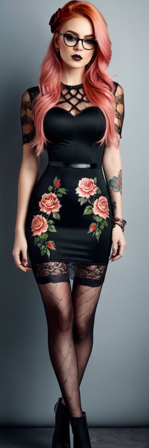 In the vibrant and detailed image, ((full body view including legs:1.6)), a mesmerizing young British woman wearing glasses with gothic style poses for a high fashion magazine. She is captured in a glossy, photorealistic photograph, showcasing her long peach hair and adorned with colorful rose tattoos. The image is meticulously executed, with high levels of detail and light, enhancing every intricate aspect of the subject's appearance. Additionally, she is showcased wearing a tulle-lace outfit, adding to the overall allure and sophistication of the photo.