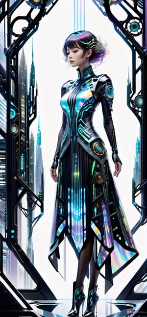 In a world where nature and technology converge in a breathtaking symphony of 'Bio-Mechanical Harmony,' imagine a character donning the captivating Bio-Mechanical Harmony holographic dress. The setting is a futuristic cityscape where skyscrapers intertwine with colossal, biomechanical trees.


