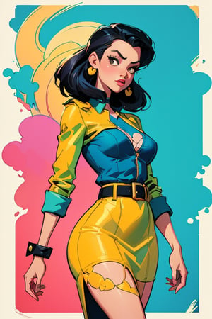 a painting of a woman in a blue dress with a yellow belt, beautiful comic art, otto schmidt, beautiful retro art, by Bencho Obreshkov, artgerm and james jean, fabulous illustrations, illustration art, artgerm style, pinup art, illustration style, trending on artstration, a beautiful artwork illustration