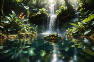 A breathtaking dragons-eye close up, perspective from a crystal-clear pool, surrounded by lush tropical jungle foliage. The camera, positioned mere inches above the surface, captures intricate textures on nearby plants and objects. A clear stream flows into a stunning waterfall, its droplets refracting light in dazzling display. In the clear pool below, a bird expertly catches a fish, while nearby, butterflies dance amidst tall trees and vibrant greenery. The sky above is reflected perfectly, creating an otherworldly atmosphere. Every detail, from the dragons tiny features to the glittering jewels at the waterfall's base shines in stunning, hyper real, super-high-resolution clarity. depth of field, HDR, 8k Super ultra HD, Panoramic photograph.,Digital painting ,DRG