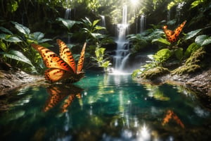 A breathtaking dragons-eye close up, perspective from a crystal-clear pool, surrounded by lush tropical jungle foliage. The camera, positioned mere inches above the surface, captures intricate textures on nearby plants and objects. A clear stream flows into a stunning waterfall, its droplets refracting light in dazzling display. In the clear pool below, a bird expertly catches a fish, while nearby, butterflies dance amidst tall trees and vibrant greenery. The sky above is reflected perfectly, creating an otherworldly atmosphere. Every detail, from the dragons tiny features to the glittering jewels at the waterfall's base shines in stunning, hyper real, super-high-resolution clarity. depth of field, HDR, 8k Super ultra HD, Panoramic photograph.,Digital painting ,DRG