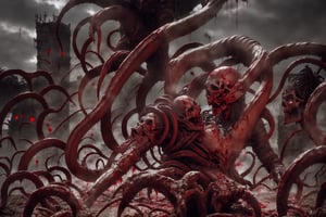 Ultra high resolution image of a skeletal warrior,  dry leathery skin hanging from its face in torn patches,  one eye still clearly visible in its socket,  wearing ornate rune encrusted black rusty damaged armour an axe in his hand,  kneeling on the ground. Dark gloomy old building in the background blood on the ground. All in the style of H. R. Giger Aliens.,
,CarnageStyle, (blood_red:1.5)