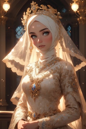 official art, unity 8k wallpaper, ultra detailed, beautiful and aesthetic, masterpiece, best quality, Surrealism, high detail, modern, motion blur, ray tracing, film grain, drop shadow, UHD, masterpiece, anatomically correct, super detail, 4K, A graceful woman dressed in an ethereal hijab wedding dress with intricate lace and delicate embroidery, surrounded by a soft glow. The artwork should have a cinematic feel with dramatic lighting and a mystical setting. The artist's style should be realistic and highly detailed, taking inspiration from the works of Victoria Frances and Nene Thomas. The resolution should be 4K or higher, by Artgerm, 4k, natural daylight, white head crown with full ornament, perfection, ultra high res,hijab wedding