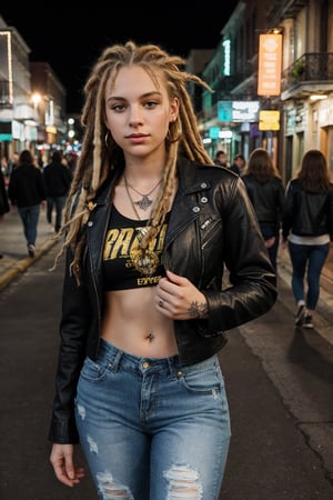 (A girl with dread locks, wearing a leather jacket, band tee, and ripped jeans, explores the vibrant streets of New Orleans during a lively autumn evening in the United States. The sounds of jazz music and the scent of Cajun spices evoke the spirit of Louisiana),  ((blond, curvy, 18 years old, with tatoos and piercing)), (big breasts), cinematic light, dramatic light