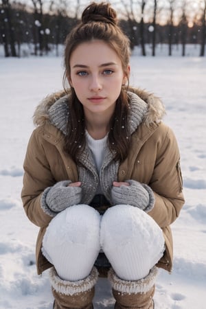 very skinny teenager, 18 years old, brunette, (with a messy bun, a fur-lined parka, knitted sweater, and snow boots, building a snowman in a winter wonderland), ((facing viewer, looking straight at viewer)), innocent, ((very small breasts)), white skin, small breasts, perfect hands, perfect fingers, perfect nails, (((instagram))), golden hour, high contrast, RAW, photorealistic, realistic, post-processing, max detail, roughness, real life, ultra realistic, photorealism, photography, golden hours, 8k uhd