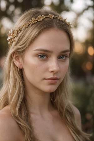 ((amazing quality, award winning, intricately detailed, ultra realistic, extremely detailed 8K)), portrait of a princess teenager in a alien plannet, blond, naked, floral headband, golden hour, faded art, high_contrast