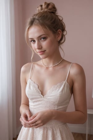 teenager, skinny, 18 years old, french, blond, (with a messy bun, wearing an elegant lace dress with pearls and heels, twirling under twinkling lights), at night, ((facing viewer, looking straight at viewer)), innocent, ((very small breasts)), seductive smile, white skin, small breasts, perfect hands, perfect fingers, perfect nails, (((instagram))), high contrast, RAW, photorealistic, realistic, post-processing, max detail, roughness, real life, ultra realistic, photorealism, photography, soft pink ligh color, pink color grading, 8k uhd, dramatic light, high contrast, low light, 