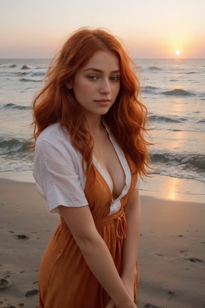 ((close-up portrait)), (A girl with tousled waves of sunset orange hair, wearing a flowing bohemian maxi dress and sandals, on a tranquil morning by the beach. ((yoga)), The rising sun and the sound of crashing waves enhance her connection with nature),  18 years old, blond, happy,noticeable the nipple outline under shirt