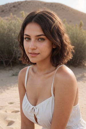 Realistic full body portrait of curvy french girl in the california desert, cute smile, seductive, 18 years old, closed mouth, short hair, brunette, ((front view, looking at viewer)), lips, makeup, wavy hair, (wearing a summer dress, cream red color), realistic, soft lighting, professional Photography, Photorealistic, big-breasted, big buttocks, (extremely light detailed and symmetric greenish yellow eyes with circular iris), tanned skin, skin texture,  depth of field, instagram LUT,  picture taken with cellphone, sharp focus