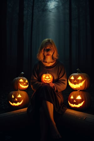 A haunting forest with a blonde spooky woman sitting on a log next to jackolanterns