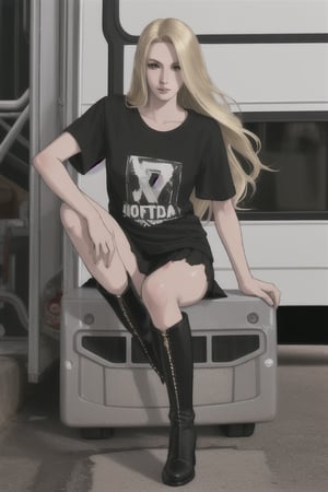 A blonde girl with messy, long hair in a short black skirt and a torn band tshirt and knee high boots next to a tour bus in realistic style