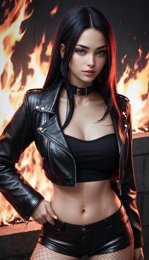 8k portrait of beautiful female demon with red skin and long black hair. Realistic with fire illuminating her face and the background. She's wearing a black leather jacket a tube top with black shorts and knee high boots with fishnet stockings