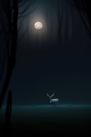 A foggy forest basking in moonlight with a buck in the background