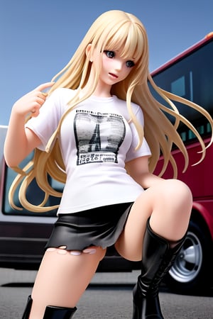 A blonde girl with messy, long hair in a short black skirt and a torn band tshirt and knee high boots next to a tour bus in realistic style