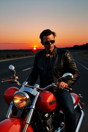 A dark haired man wearing a leather jacket and aviators on a motorcycle at sunset