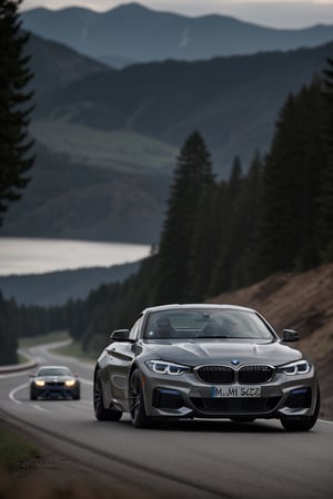 bmw sports car street race, action packed, cinematic film still, shallow depth of field, vignette, highly detailed, high budget, bokeh, cinemascope, moody, epic, gorgeous, film grain, grainy, professionally lit,Realistic