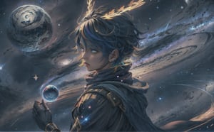 A man, muscular, black multicolored hair, small streaks of blue hair, blue and black multicolored single peice of cloth like very long scarf , blue energy veins, holding a planet, black planet, planet blue details, dark galaxy behind, blue energy, black halo of stars in her hair, black wings with blue energy, huge star wings