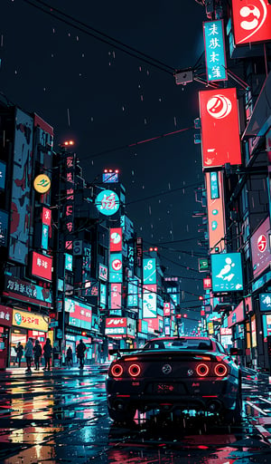 night, road, ground vehicle, motor vehicle, city, street, scenery, neon lights, outdoors, car, building, no humans, sign, crosswalk, city lights, cityscape, real world location, night sky, sky, chinese text, english text,future, neon trim, (((cyberpunk))) ,wet ground, (masterpiece:1.1), (highest quality:1.1), (HDR:1.0), an anime illustration of a sport car in cyberpunk street city at night, neon underglow, rain, fog, street race car, 