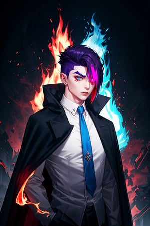 a guy grabbing his desaturated red tie, formal clothes, white shirt, dark overcoat, king, god, blue fire in background, frame, illustration, right eye blue, left eye red, side part medium hair, few hair coming over right eye shaved sides, undercut, dark purpple hair with desaturated red highlights, blue fire surrounding character, 8k, ultra, high_resolution, highly detailed, cyberpunk, cleanshave, confident, fashion, jewelery, black_eyebrows, and long king cape over the coat