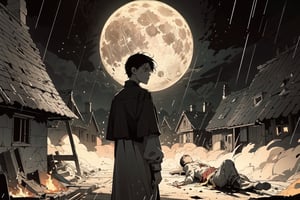 lonely boy standing, looking around, sadness blood coming from left eye, red eyes, destroyed village in background, multiple corpses lying around, large fov, some fire particles, ash particles, full moon, night, sad mood, dark, rain, cinematic, dramatic, framing, composition, golden ratio, bloody