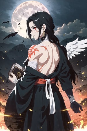 a tall pale guy in traditional japanese clothes with no top showing his athletic body covered in scars and burns, his very long hair fall over and cover his right eye and left red eye shines bright,
full moon behind him , his hair are ash gray with black roots, jiju beads in neck and hanging earrings in ears and jewellery. one arm covered in bandages with a gold chain wrapped around entire arm, and book in one hand.
dark environment, foggy background, one wing coming from left side of his back, scary, ,Emet Selch,Havoc and Disorder,dark_angel,1man, front-view