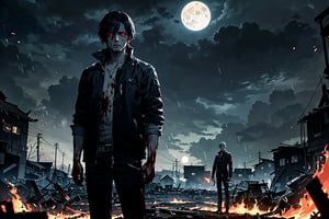 a demon, hybrid man, standing, looking around, sadness blood coming from left eye, red eyes, destroyed village in background, multiple corpses lying around, large fov, some fire particles, ash particles, full moon, night, sad mood, dark, rain, cinematic, dramatic, framing, composition, golden ratio, bloody