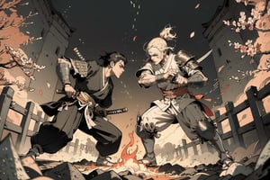 2boys, samurai, holding_katana, battle_stance, perspective, tattoos, traditional_clothing, face_mask, posing, fighting, one_eye_closed, style, cherry_blossom, flames, castle, traditional_japanese_clothes, 8k, musculer, damaged, armour, anger, 