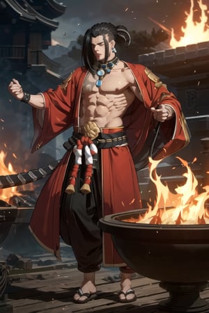 a full body shot photo of a handsome boy in liquid lava clothes standing in fire, 1boy, blue eyes, black hair, spiked, long hair, red highlights in hair, blue gemstone, dark skin, dark-skinned male, japanese samurai mask, gem, gold trim, side hair shaved, jewelry, earring, single earring, one eye covered, scar on left eye, official alternate hairstyle, peacock feathers, arabian clothes, ash, bright fire, glaciers, fire particles, ash partickes, wind, magic, bright light, sunlight, day, shirtless, muscular, male focus 
cinematic composition, depth of field, 4k, 8k, (masterpiece, ultra detailed face, detailed eyes), (two eyes, nose, mouth), best quality, high resolution, high quality,guiltys