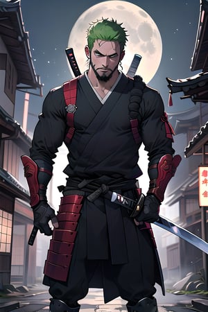 zoro roronoa ,masterpiece,best quality,detailed background,4k, solo,muscular male,samurai shot,east asian architecture,full moon,japanese armor,holding katana,looking at viewer,beard,detailed eyes,beautiful eyes,standing,depth of field,