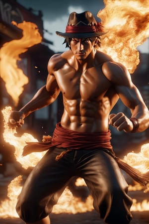 full Portgas D. Ace throwing a fiery punch, ultra-detailed, film photography, light leaks, Larry Bud Melman, trending on artstation, sharp focus, studio photo, intricate details, highly detailed, by greg rutkowski, CinemaHelper, PhotoHelper in 4D rendering style (3DMM_V12) with the mdjrny-v4 style, depicting a mystifying and dark atmosphere with a touch of --chaos 90 --testp --q 99,3d style