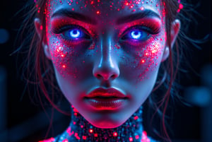 A vivid neon explosion of glowing squares, geometric patterns and sharp lines that form the portrait of a human robot, visually striking and dynamic, dark background, sharp focus, crisp quality, HD, DOF, 4k, intricate detail, dynamic composition, beautiful lighting, eyes with cool lights