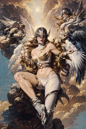 ANIME_angewomon,aiwaifu,renaissance,oil_painting,illustration_by_wlop,from_below,full_body,blonde hair,(covered eyes),helmet,long hair,wings,angel wings,multiple_wings,large_wings,hagoromo,bare shoulders,asymmetrical clothes,large breasts,bursting_breasts,ribbon,head wings,shawl,cleavage,gloves,feathered wings,belt,slim,tiny_waist,thigh strap,thicc_thighs,skindentation,multiple wings,navel,winged helmet,elbow gloves,white gloves,white wings,navel cutout,single glove,clothing cutout,lips,feathers,very long hair,single elbow glove,o-ring,collarbone,sidelocks,lipstick,(mask),shiny, masterpiece,best quality,ultra detailed, 8k, 4k,highly_detailed,sky,sunset,clouds,flying,floating,floating_hair,perfect_hands,finger_gestures