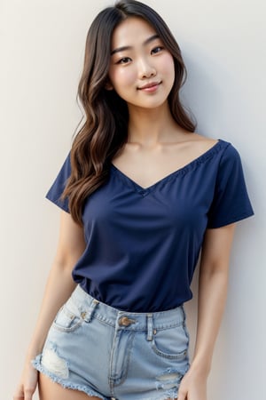 Closed lips, cute smile, asian girl, a women, front facing, portrait, full body from waist up, white background, blow kiss with right hand, blue jean shorts, 
