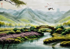 wgz_style,shukezouma,guofengnv,masterpiece, best quality,A painting, a landscape in spring, bamboo forest, distant mountains, dragon with red flame skin flying above river, bright pictures, realistic,yuyao