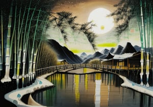 wgz_style,shukezouma,guofengnv,masterpiece, best quality,A painting, a landscape in winter, bamboo trees, rivers, distant mountains, night, moon, bright pictures, realistic