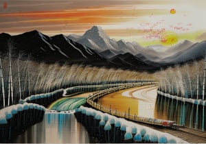 wgz_style,shukezouma,guofengnv,masterpiece, best quality,A painting, a landscape in winter, snowy, bamboo trees, rivers, distant mountains, night, moon, dragon with red flame skin flying above river, bright pictures, realistic