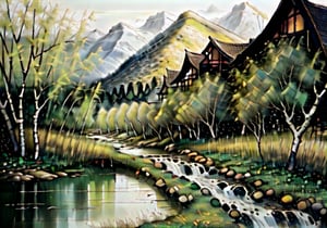 wgz_style,shukezouma,guofengnv,masterpiece, best quality,A painting, a landscape in early autum, willow trees, rivers, distant mountains, night, bright pictures