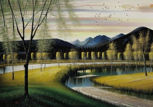 wgz_style,shukezouma,guofengnv,masterpiece, best quality,A painting, a landscape in early autum, willow trees, rivers, distant mountains, night, bright pictures