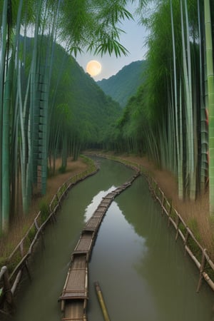 (8k picture), (high resolution) village river(clear water visible bottom), rice fields with bamboo forest fullmoon