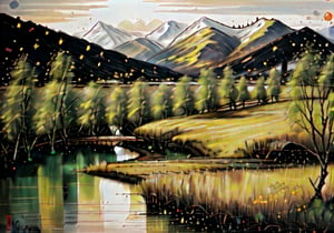 wgz_style,shukezouma,guofengnv,masterpiece, best quality,A painting, a landscape in early autum, willow trees, rivers, distant mountains, night, bright pictures