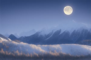 Snow-capped mountains:nightsky,moon,vast mountain range, surrounded by towering peaks adorned with blankets of glistening white snow. The jagged edges of the mountains create a dramatic and awe-inspiring landscape. The air is crisp and cool, and the silence is almost palpable. As sunlight reflects off the snow, it casts a soft, ethereal glow. The contrast between the pristine white snow and the deep blue sky adds to the breathtaking beauty of the scene.