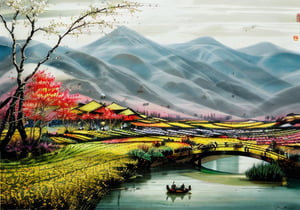 wgz_style,shukezouma,guofengnv,masterpiece, best quality,A painting, a landscape in spring, bamboo forest, distant mountains, dragon with red flame skin, bright pictures, realistic,yuyao