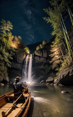 masterpiece, best quality, 8k, photo of landscape (waterfall from high mountain), riverflow (with stone and clear water), nightsky, halfmoon(red colour), 1man (asian fisherman fishing on bamboo boat,wearing straw), detailed_background , photorealistic, highly detailed, windblow, defocus photo, sharp background, real life lighting, highlights, bright instagram LUT