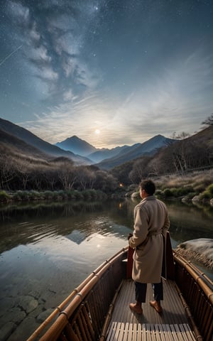 masterpiece, best quality, 8k, photo of landscape (waterfall from high mountain), riverflow (with stone and clear water), nightsky, moon(red), 1man (fisherman fishing on bamboo boat,wearing straw coat), detailed_background , photorealistic, highly detailed, windblow, defocus photo, sharp background, real life lighting, highlights, bright instagram LUT