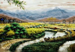 wgz_style,shukezouma,guofengnv,masterpiece, best quality,A painting, a landscape in spring, bamboo forest, distant mountains, dragon with red flame skin, bright pictures, realistic,yuyao