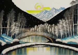 wgz_style,shukezouma,guofengnv,masterpiece, best quality,A painting, a landscape in winter, snowy, bamboo trees, rivers, distant mountains, night, moon, dragon(red flame skin flying above), bright pictures, realistic